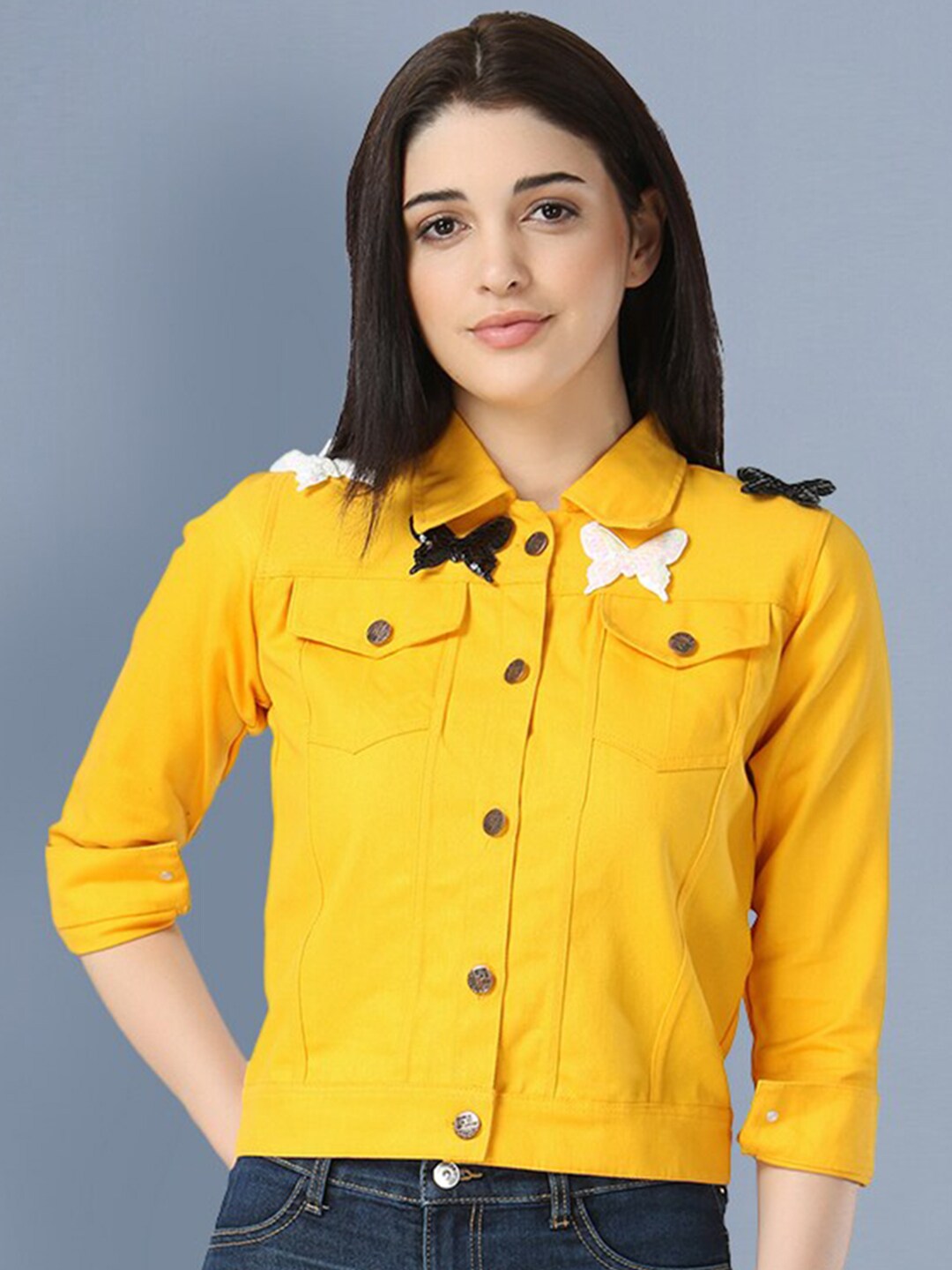 BUY NEW TREND Women Yellow Lightweight Crop Denim Jacket with Patchwork Price in India