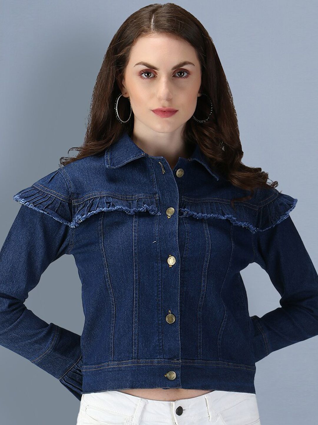 BUY NEW TREND Women Blue Washed Lightweight Crop Denim Jacket Price in India