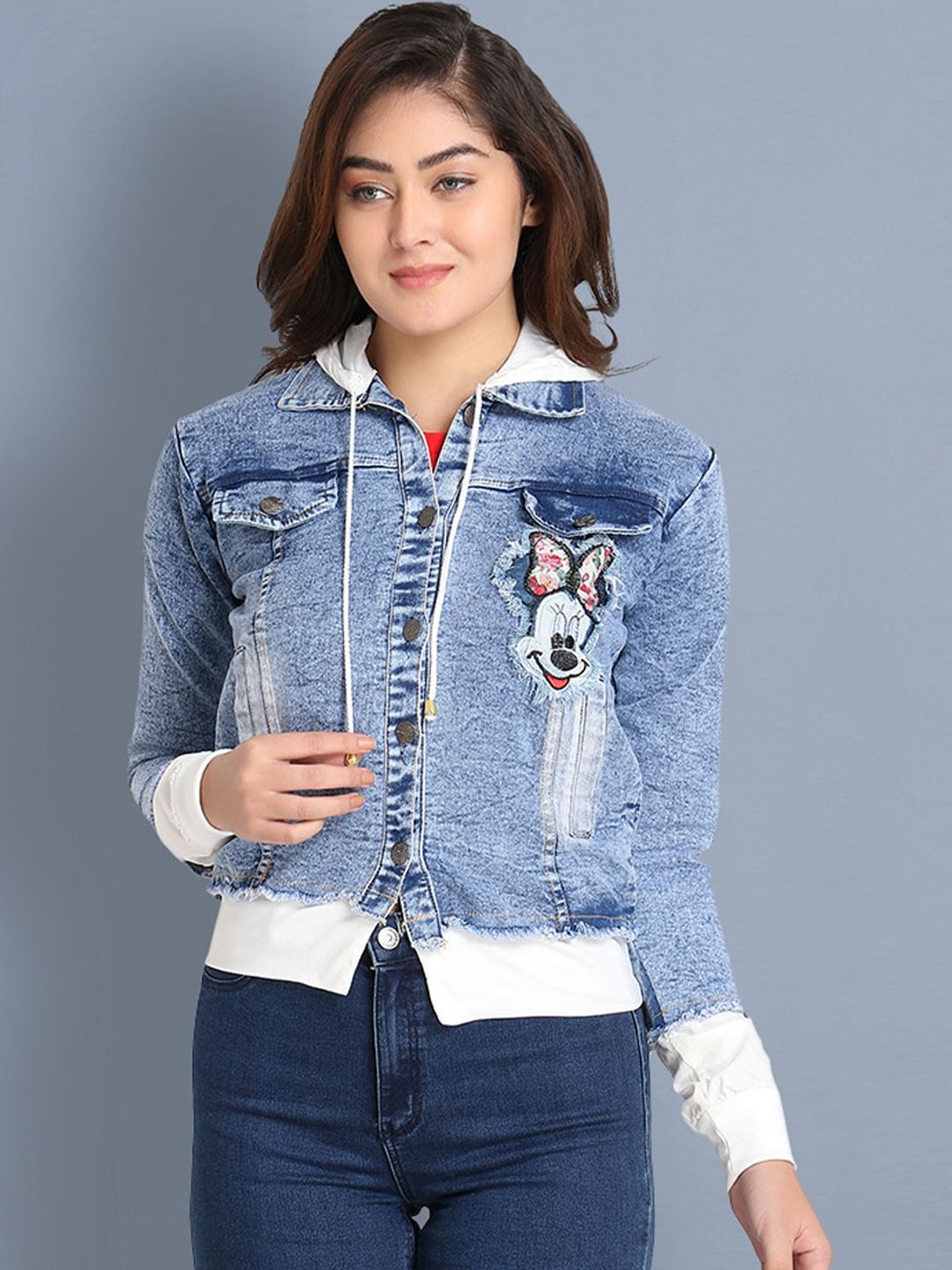 BUY NEW TREND Women Blue Floral Lightweight Crop Denim Jacket with Embroidered Price in India