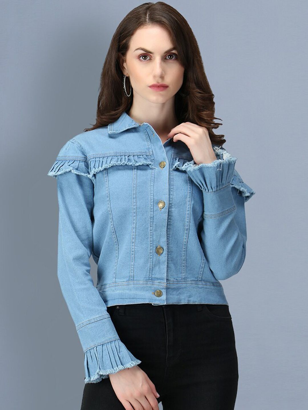 BUY NEW TREND Women Blue Lightweight Crop Denim Jacket Price in India