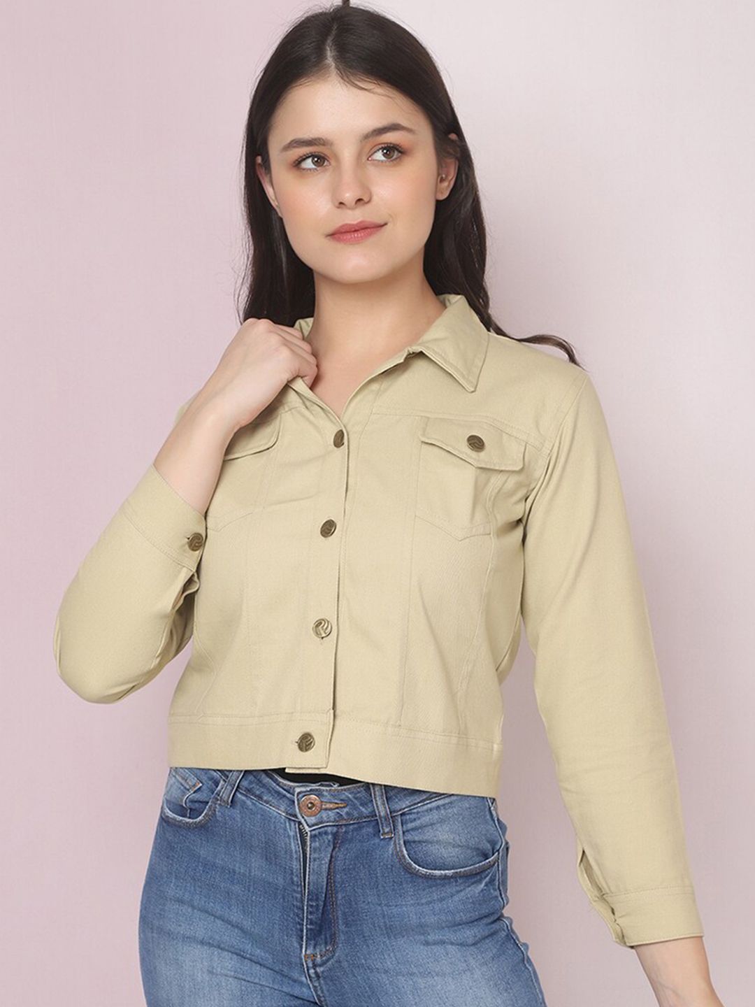 BUY NEW TREND Women Beige Camouflage Lightweight Crop Tailored Jacket with Patchwork Price in India