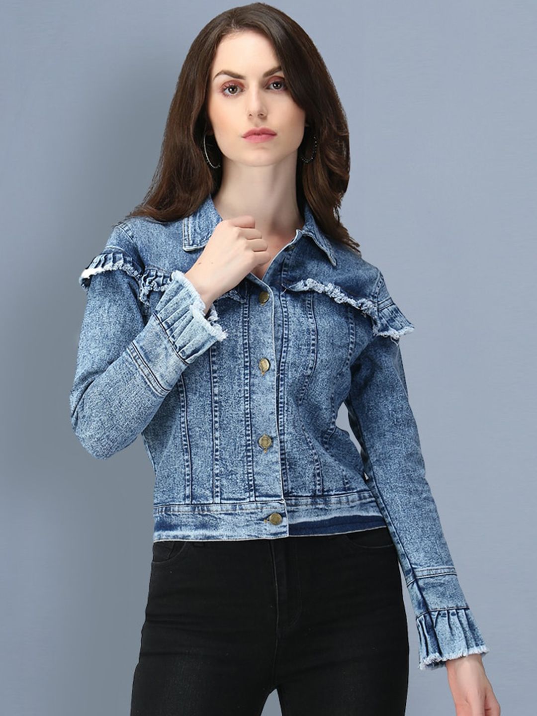 BUY NEW TREND Women Blue Washed Lightweight Denim Jacket Price in India