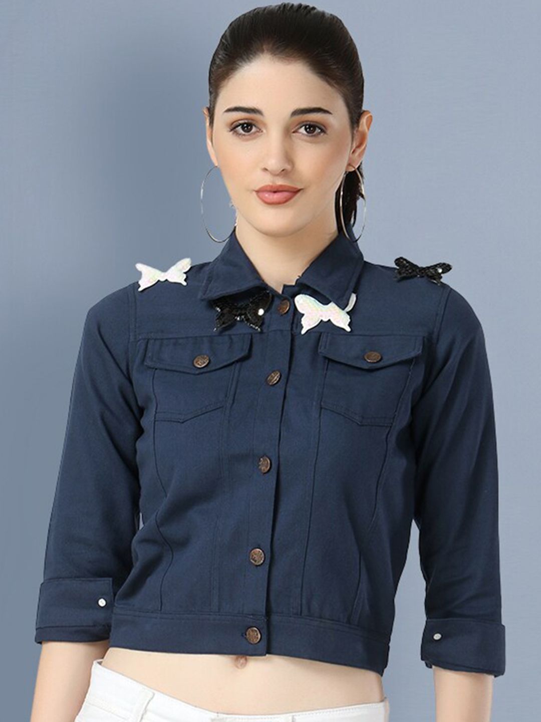 BUY NEW TREND Women Navy Blue Lightweight Crop Denim Jacket Price in India