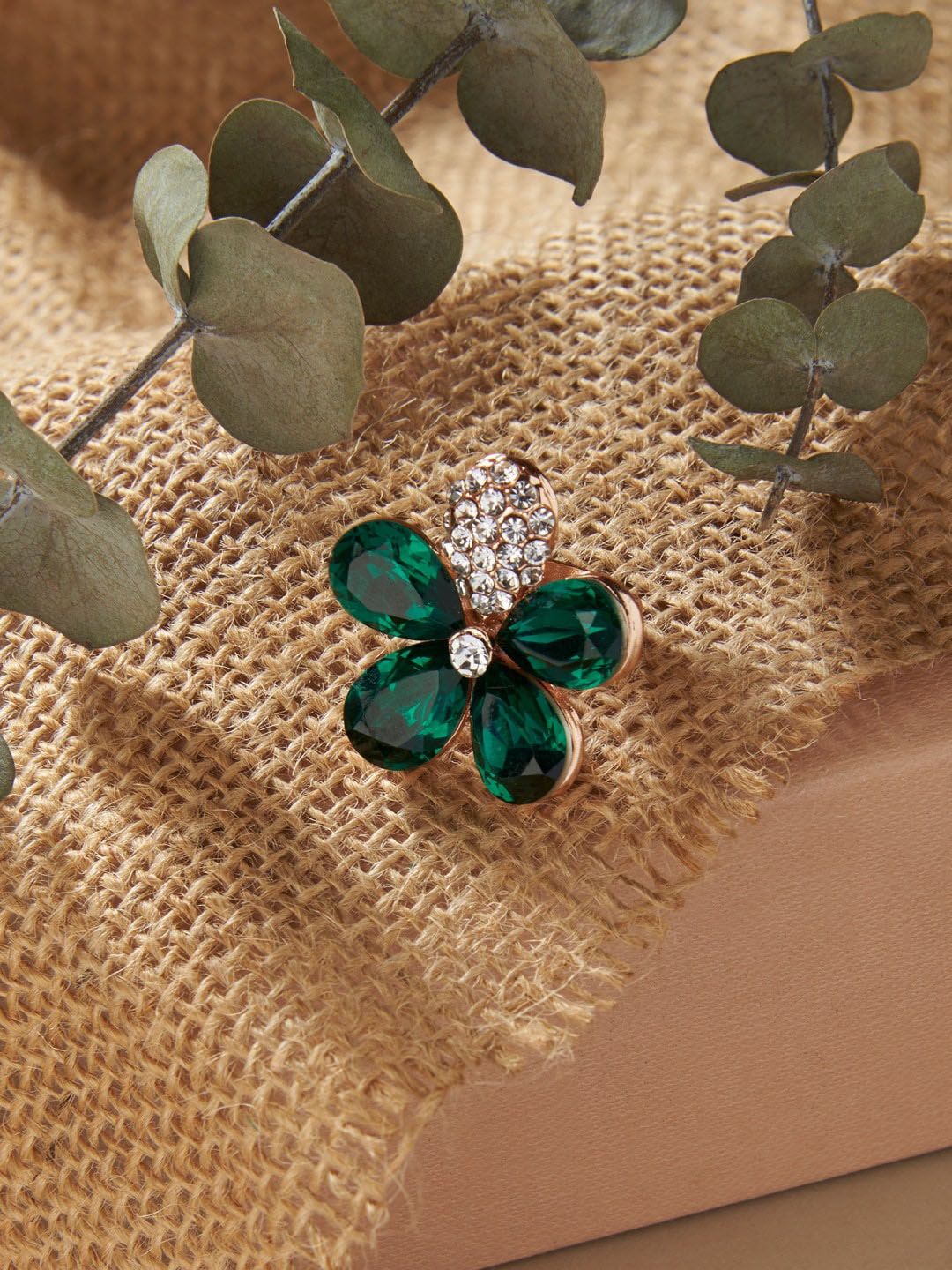 Zaveri Pearls Rose Gold-Plated Green & White Stone-Studded Flower Finger Ring Price in India