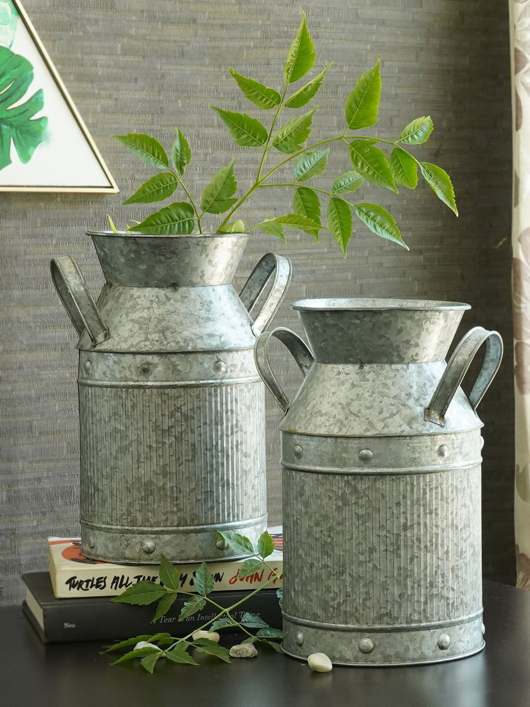TIED RIBBONS Set of 2 Silver-Toned Rustic Metal Flower Vase Pot With Handle Price in India
