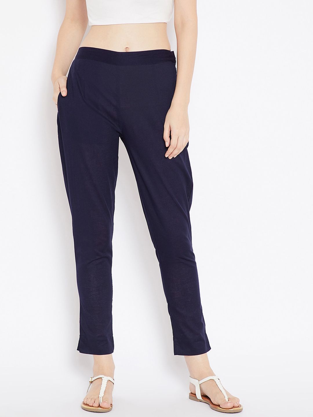 Aujjessa Women Navy Blue Smart Trousers Price in India