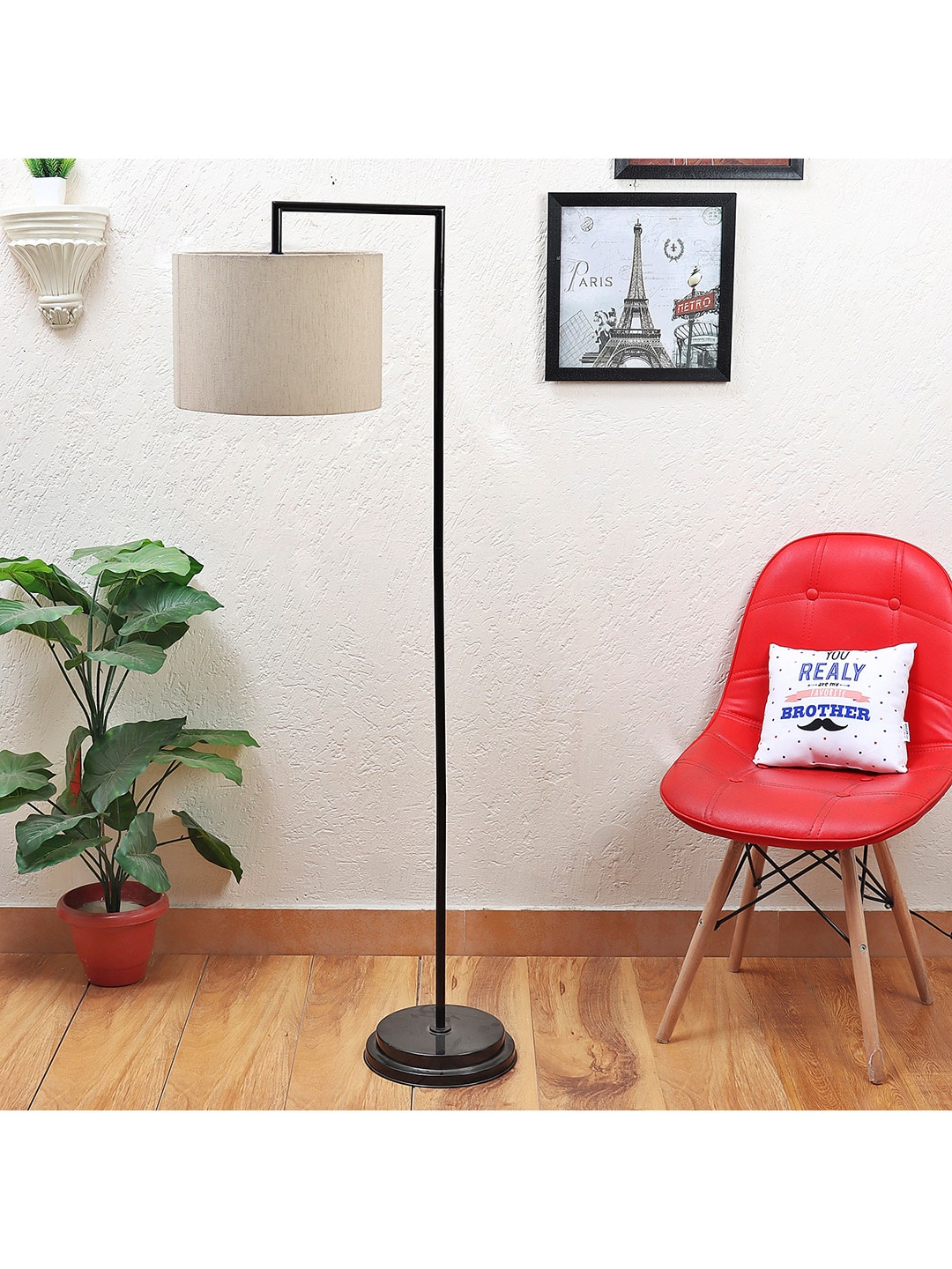 BEVERLY STUDIO Beige & Black Solid L-Shaped Floor Lamp with Shade Price in India