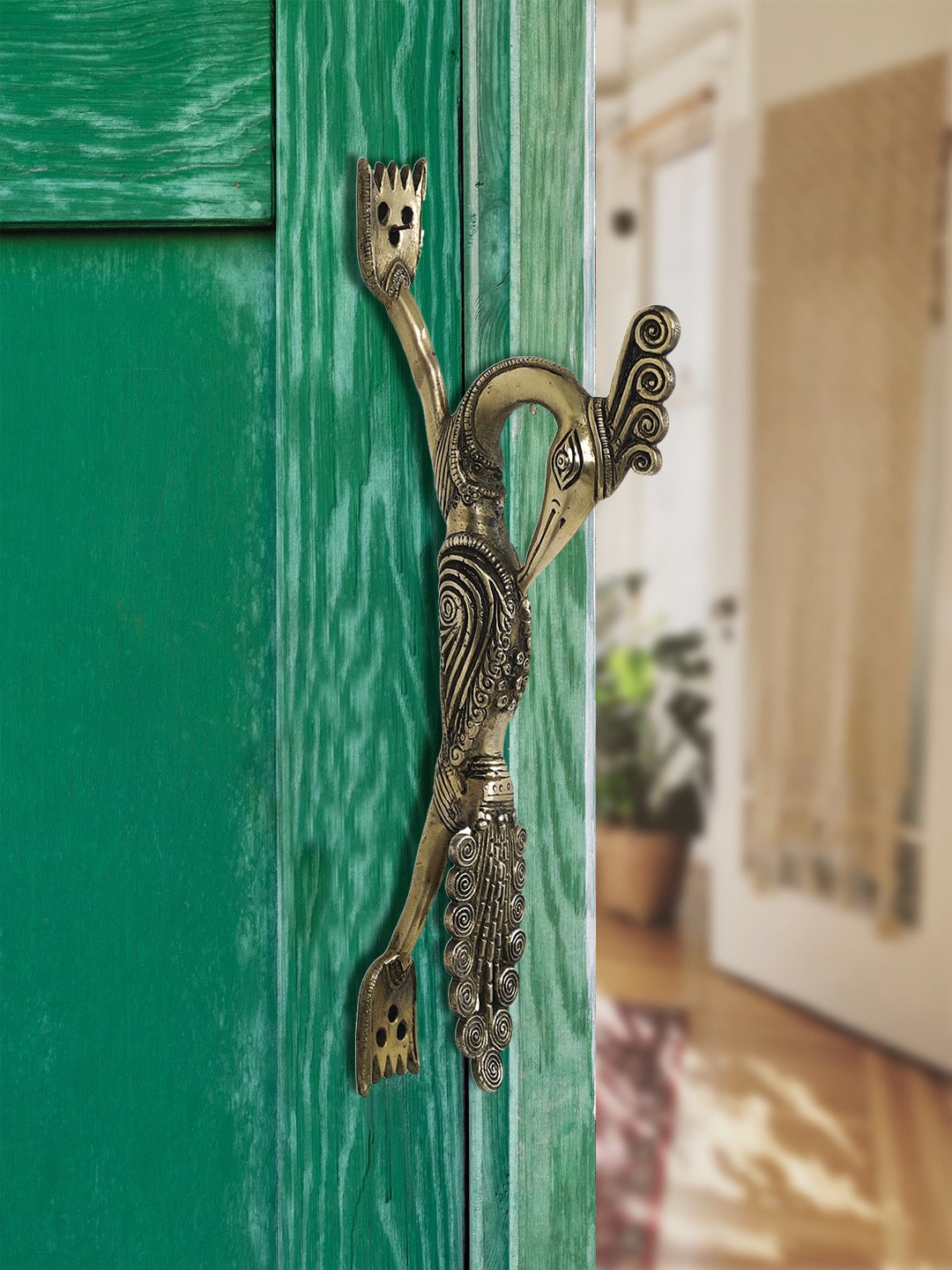 Imli Street Gold-Toned Textured Peacock Design Brass Door Handle Price in India