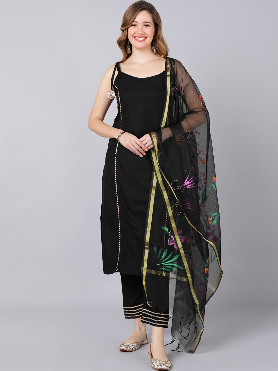 Indi INSIDE Women Black Solid Panelled Gotta Patti Kurta with Trousers & Dupatta Set Price in India