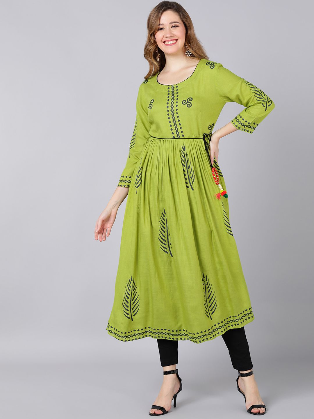 Indi INSIDE Women Lime Green Block Printed Flared Kurta Price in India