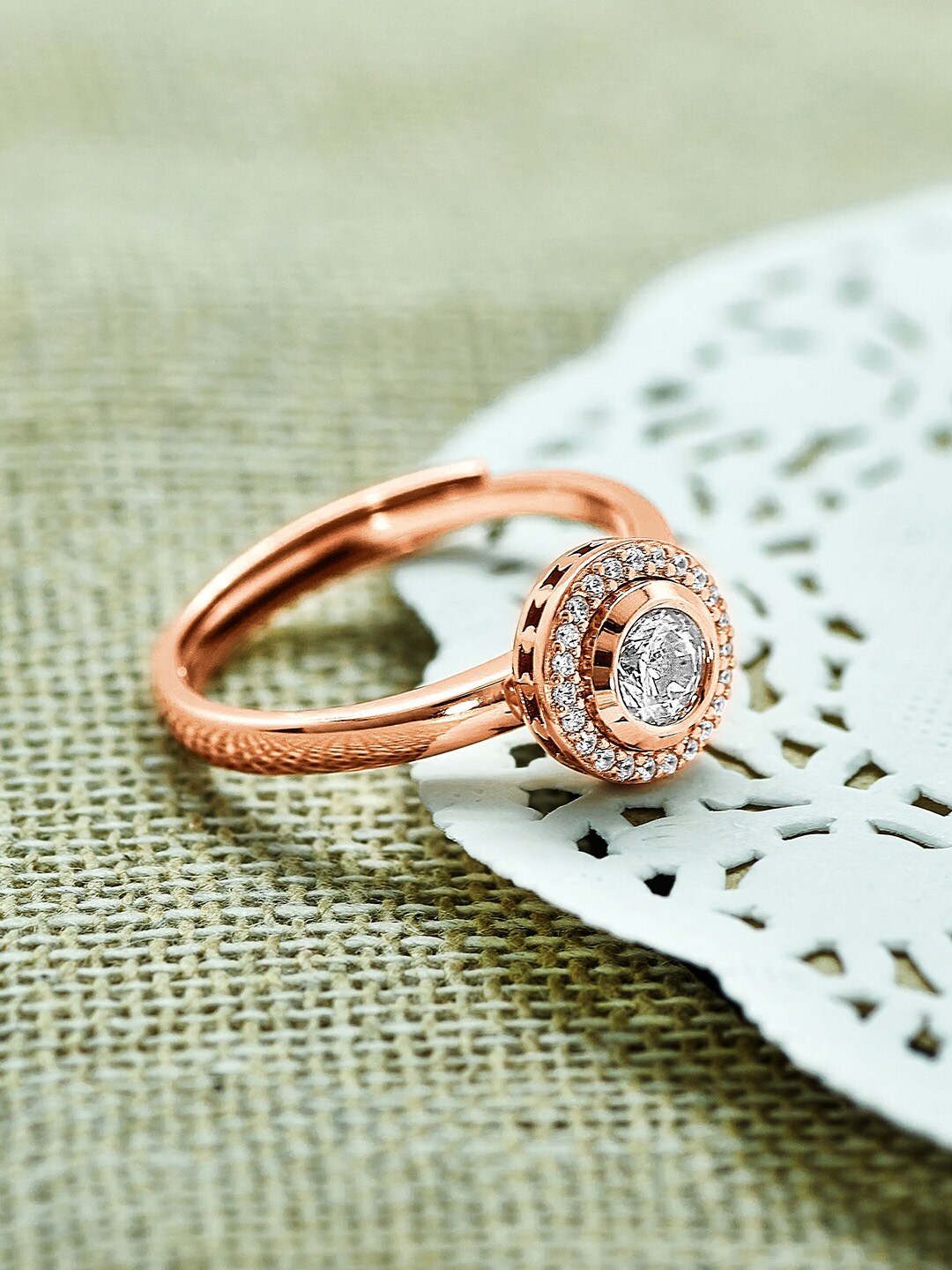 SILBERRY Rose Gold-Plated Cubic Zirconia Studded Adjustable Finger Ring Price in India