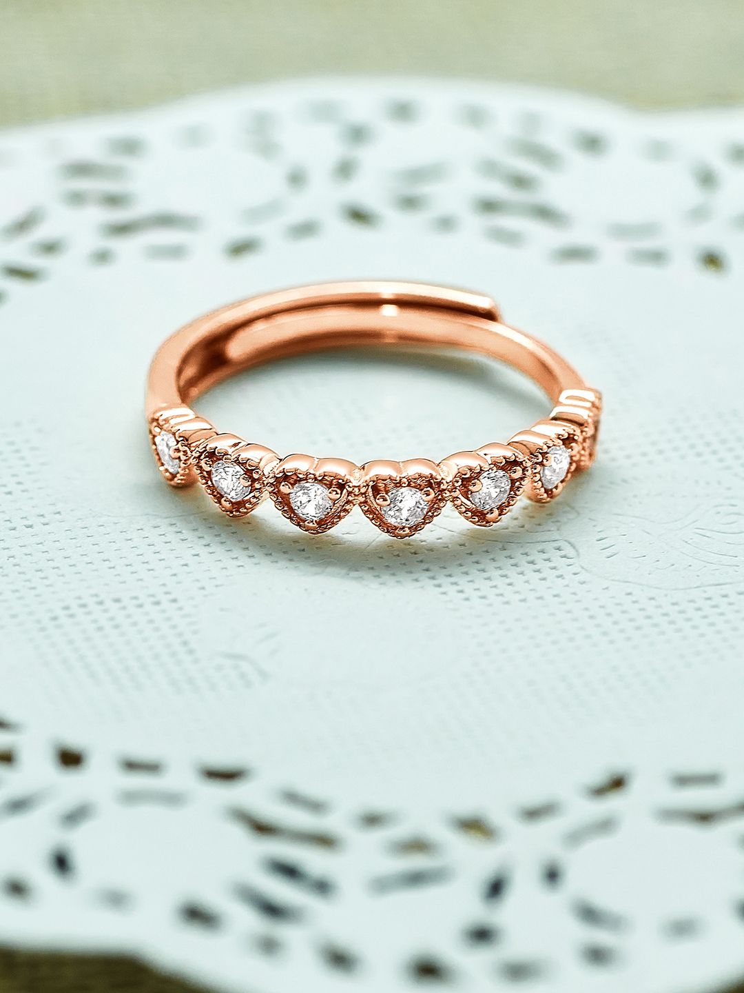 SILBERRY Rose Gold-Plated Cubic Zirconia Studded Silver Finger Ring Price in India