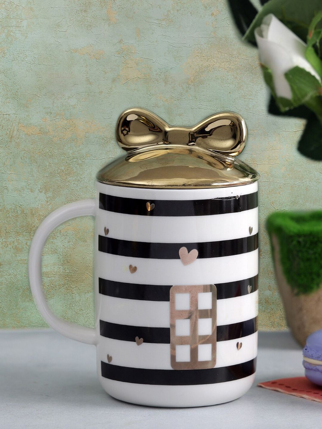 A Vintage Affair- Home Decor White & Black Ceramic Striped Mug with Bow Lid Price in India