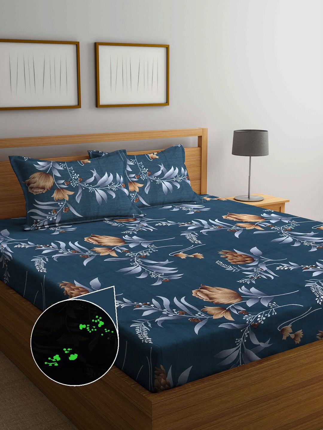 Arrabi Navy Blue & Brown Floral 300 TC King Bedsheet with 2 Pillow Covers Price in India