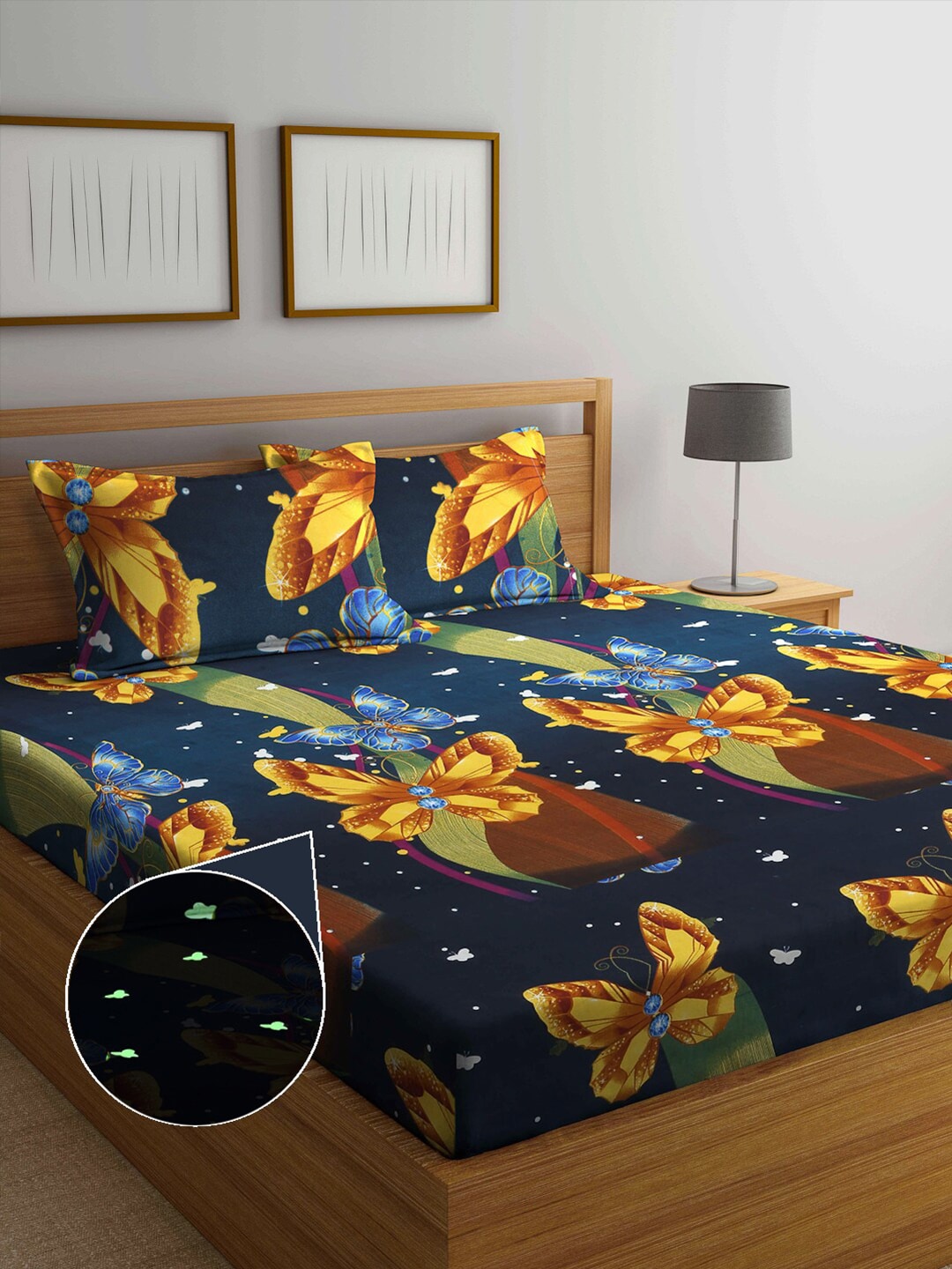 Arrabi Teal & Yellow Conversational 300 TC King Radium Bedsheet with 2 Pillow Covers Price in India