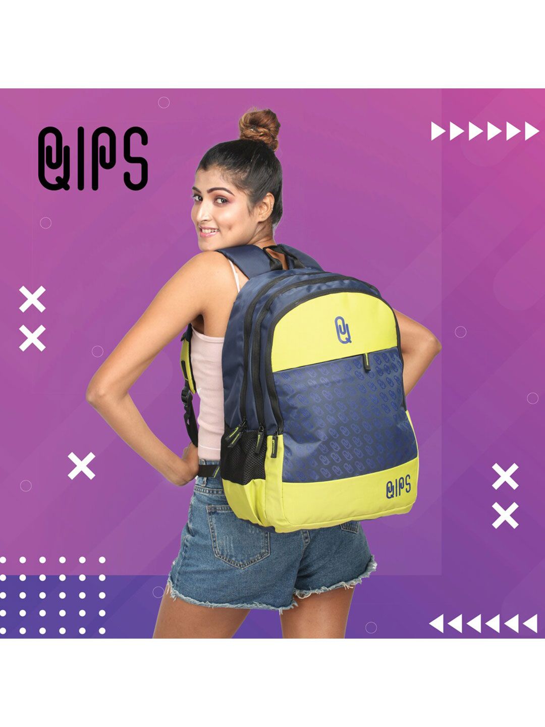 QIPS Unisex Navy Blue & Lime Green Colourblocked Backpack Price in India