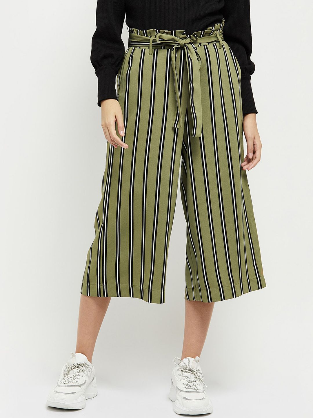 max Women Olive Green Striped Culottes Trousers Price in India