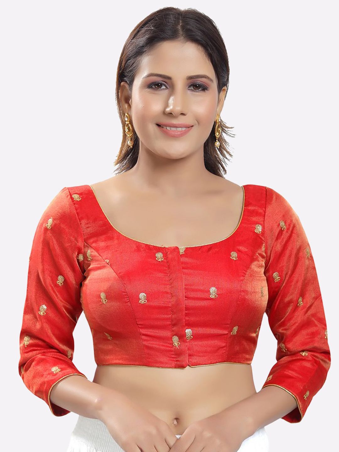 SALWAR STUDIO Women Red & Gold-Toned Printed Saree Blouse Price in India