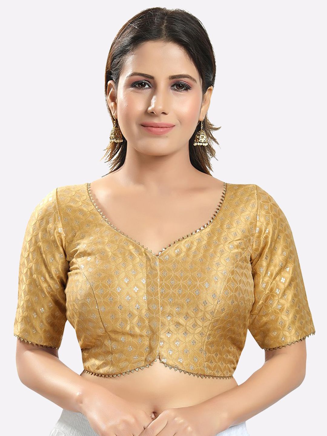 SALWAR STUDIO Gold-Colored & Silver-Colored Printed Brocade Readymade Saree Blouse Price in India