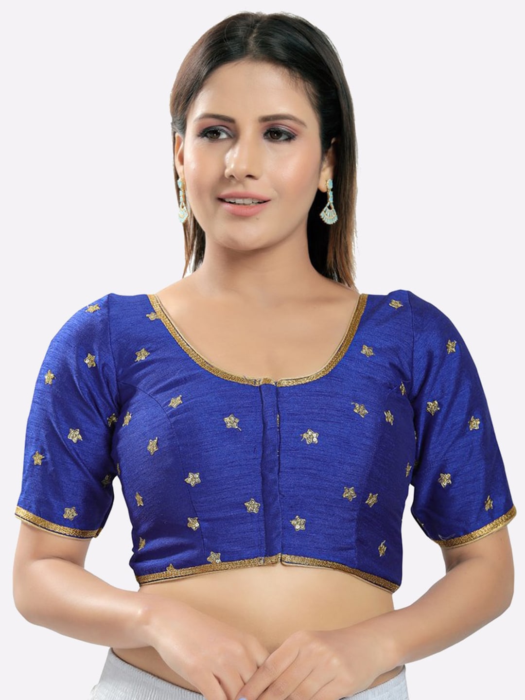 SALWAR STUDIO Women Navy Blue Embroidered Readymade Saree Blouse Price in India