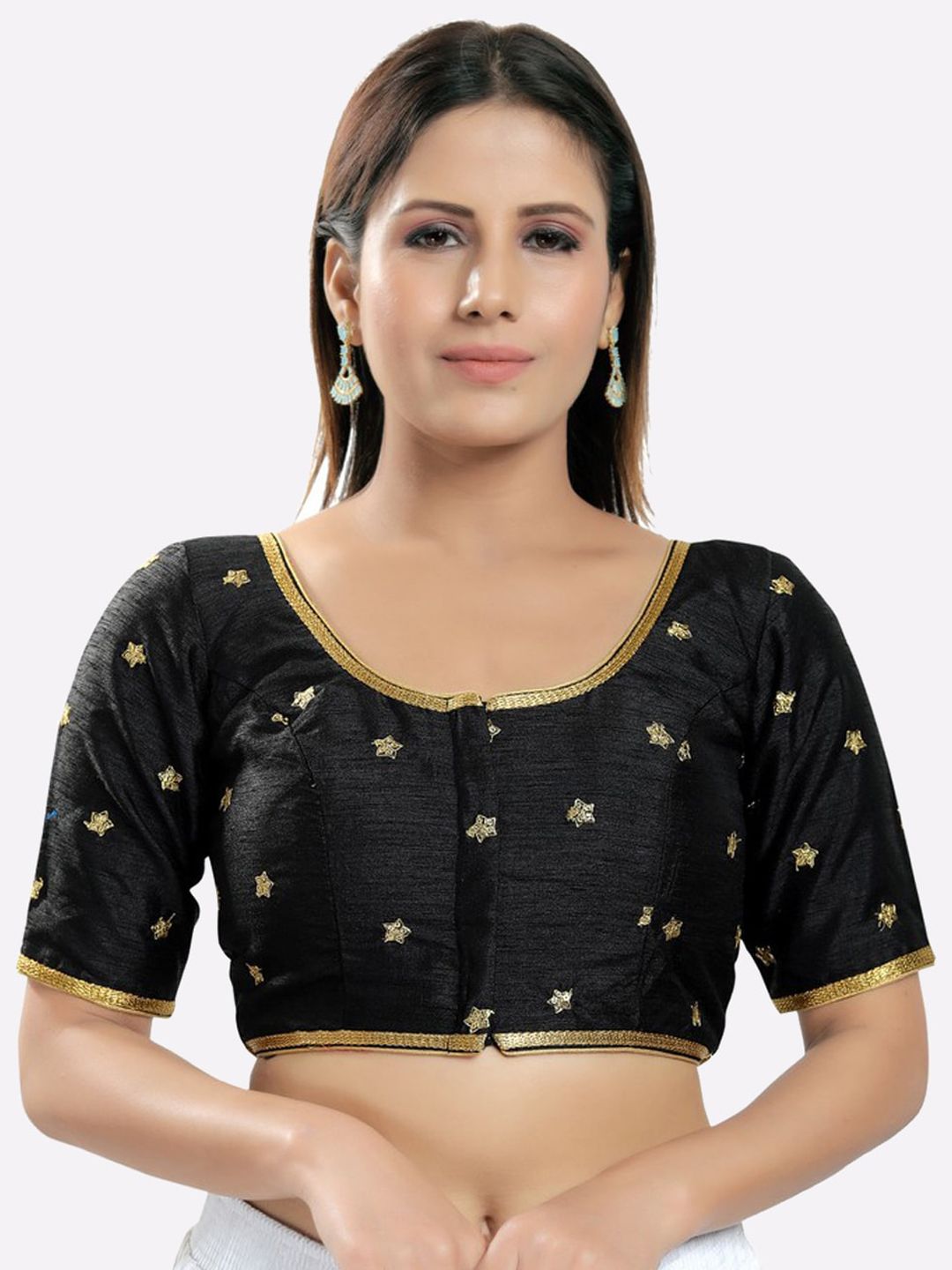 SALWAR STUDIO Women Black & Gold-Toned Embroidered Saree Blouse Price in India