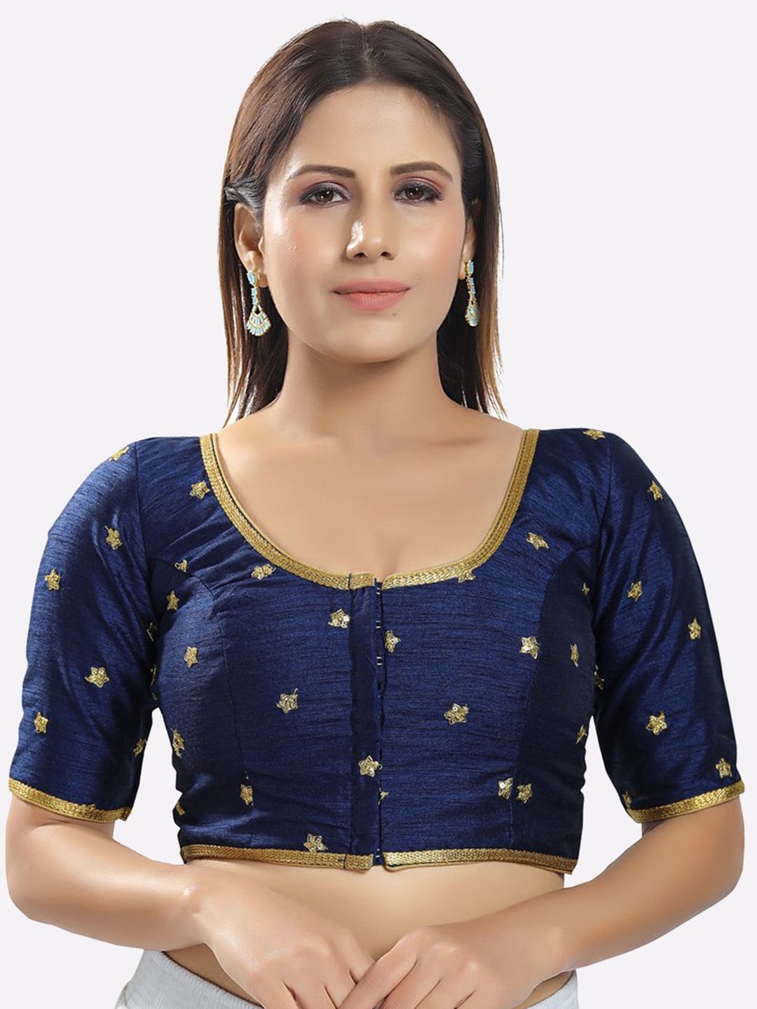 SALWAR STUDIO Women Navy Blue Gold-Toned Embroidered Saree Blouse Price in India