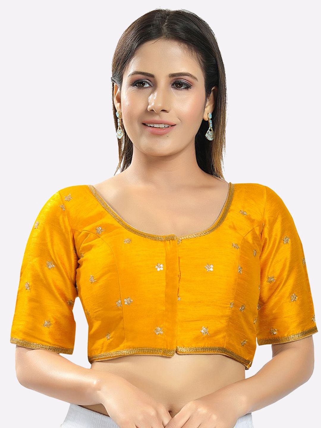 SALWAR STUDIO Women Mustard Embroidered Readymade Saree Blouse Price in India