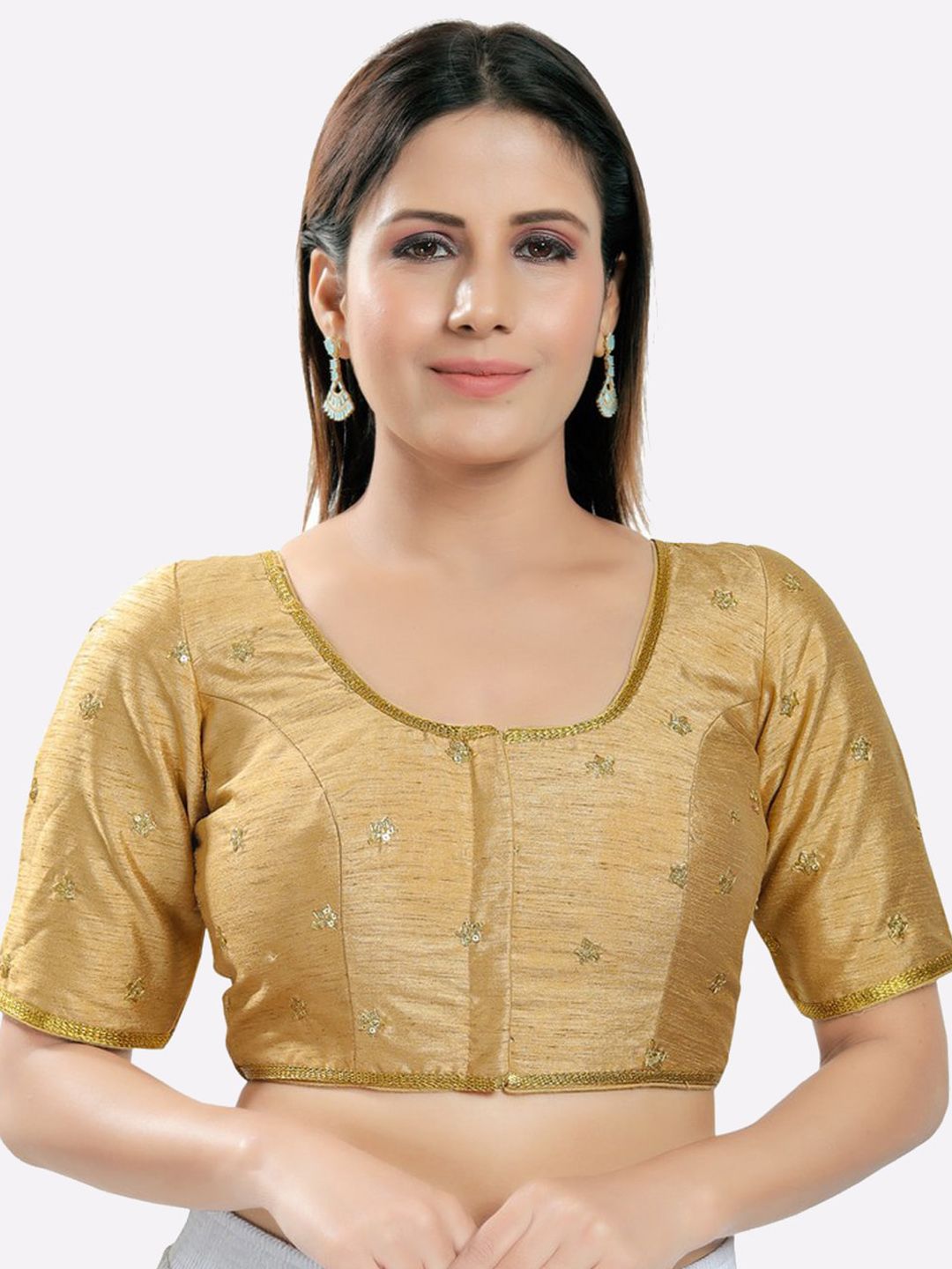 SALWAR STUDIO Women Gold-Coloured Embroidered Silk Saree Blouse Price in India