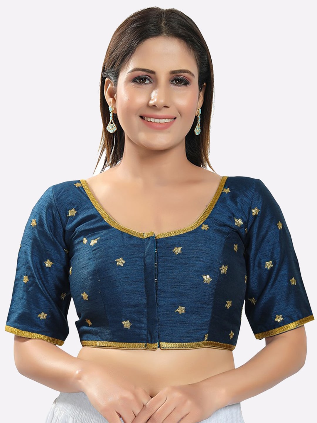 SALWAR STUDIO Women Blue & Golden Embroidered Silk Readymade Saree Blouse Price in India
