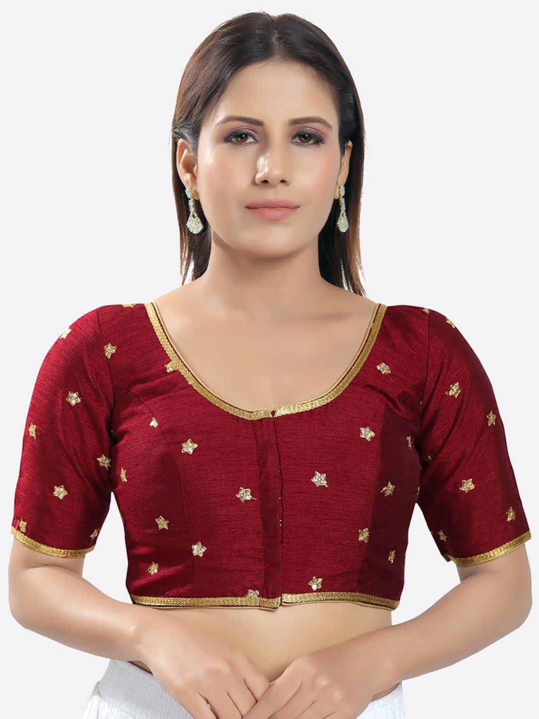 SALWAR STUDIO Women Gold-Toned & Maroon Silk Embroidered Readymade Saree Blouse Price in India