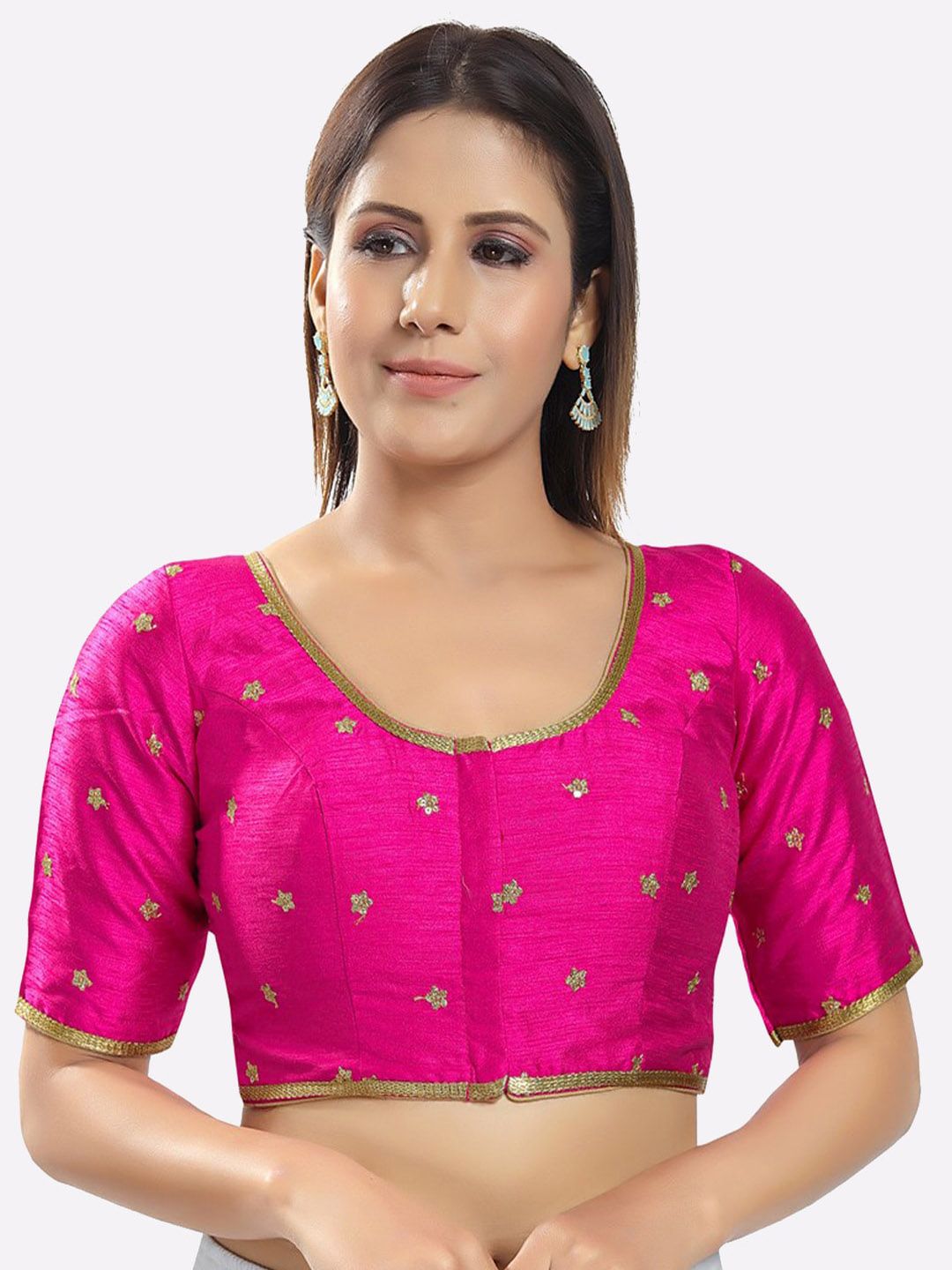 SALWAR STUDIO Women Pink & Golden Embroidered Silk Saree Blouse Price in India
