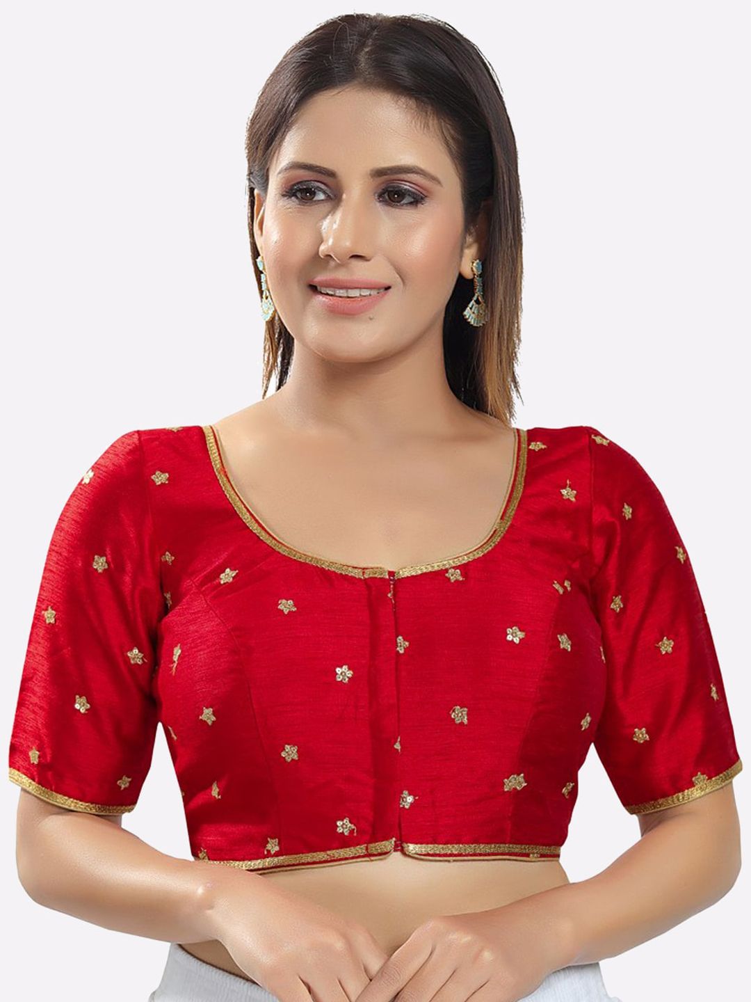 SALWAR STUDIO Women Red Embroidered Readymade Saree Blouse Price in India