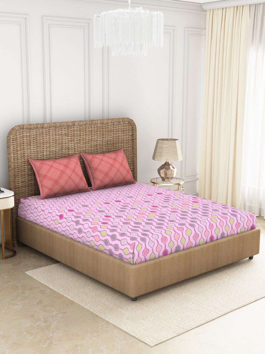 SPACES Pink & Peach-Coloured 144 TC Queen Abstract Cotton Bedsheet with 2 Pillow Covers Price in India