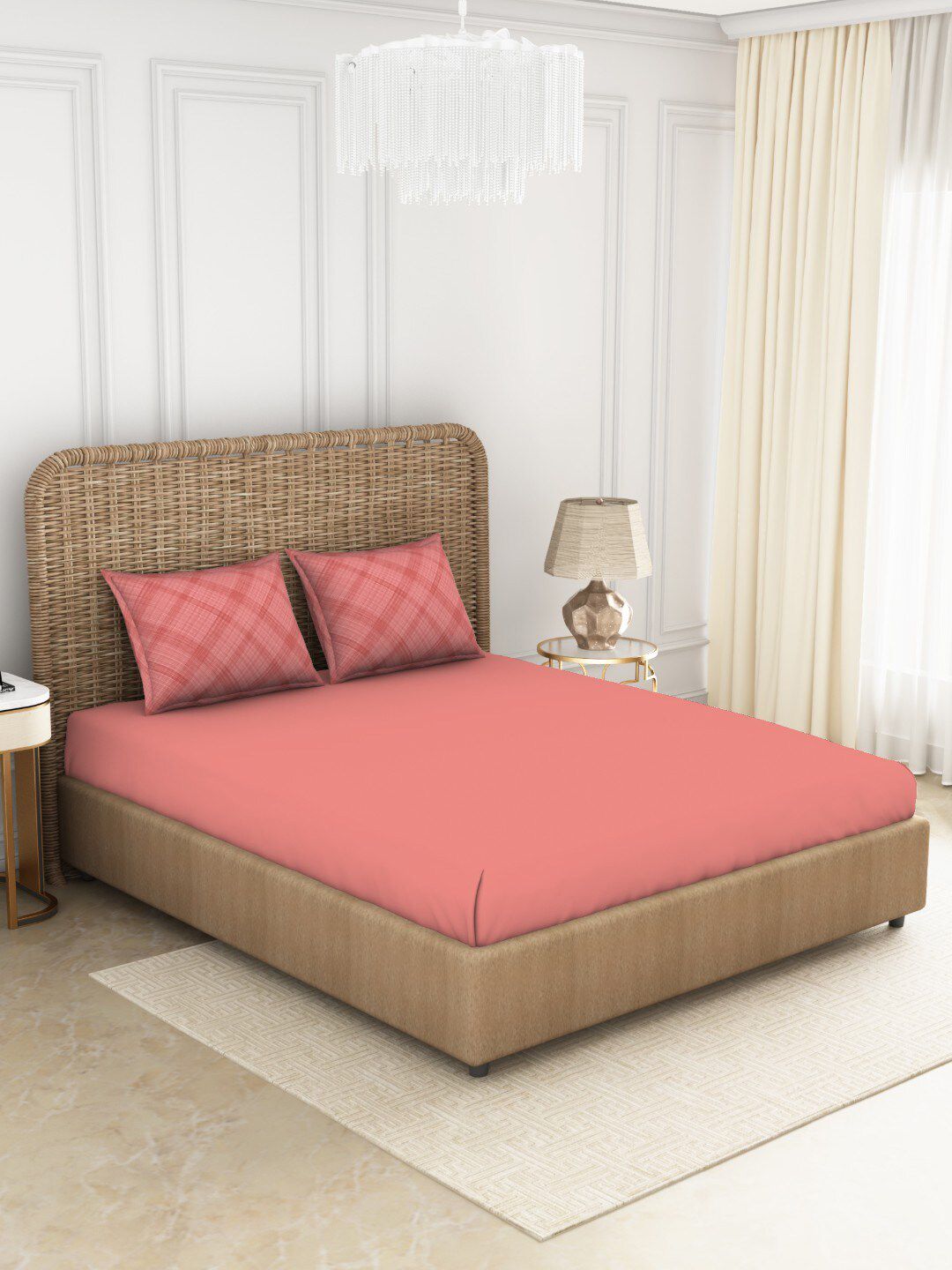 SPACES Coral Geometric 144 TC King Cotton Anti-Viral Bedsheet with 2 Pillow Covers Price in India