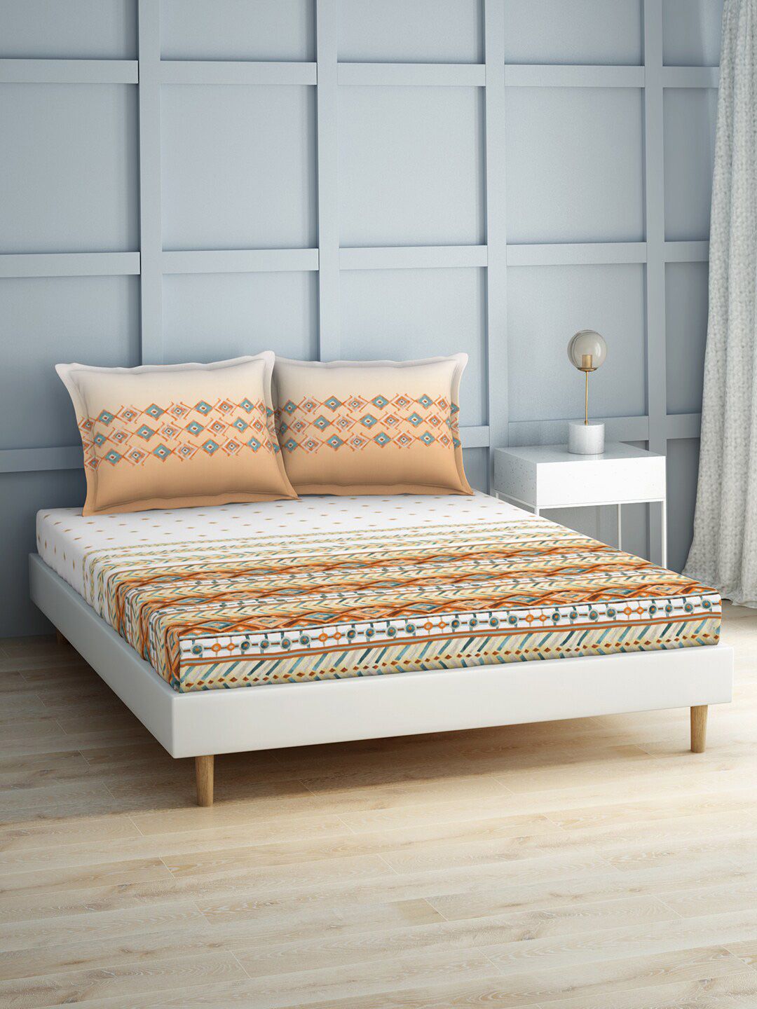 SPACES Coral & White Geometric 210 TC Cotton King Bedsheet with 2 Pillow Covers Price in India