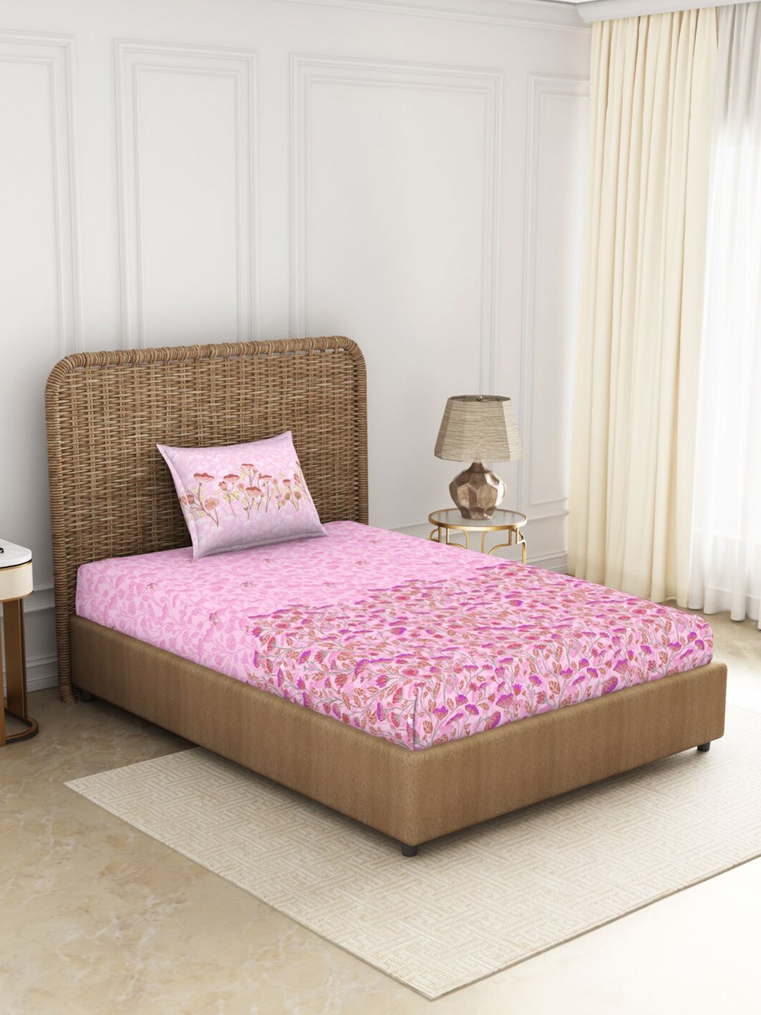 SPACES Violet & Brown Floral 144 TC Cotton Single Bedsheet with 1 Pillow Covers Price in India