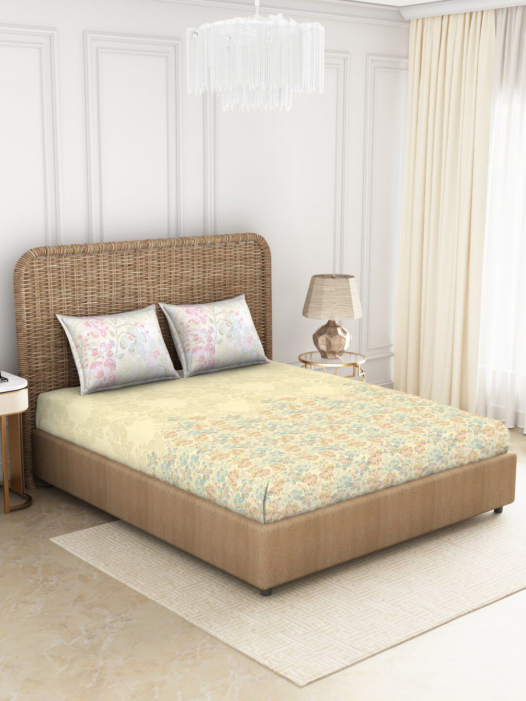 SPACES Beige & Blue Floral 144 TC Cotton Anti-Viral Queen Bedsheet with 2 Pillow Covers Price in India