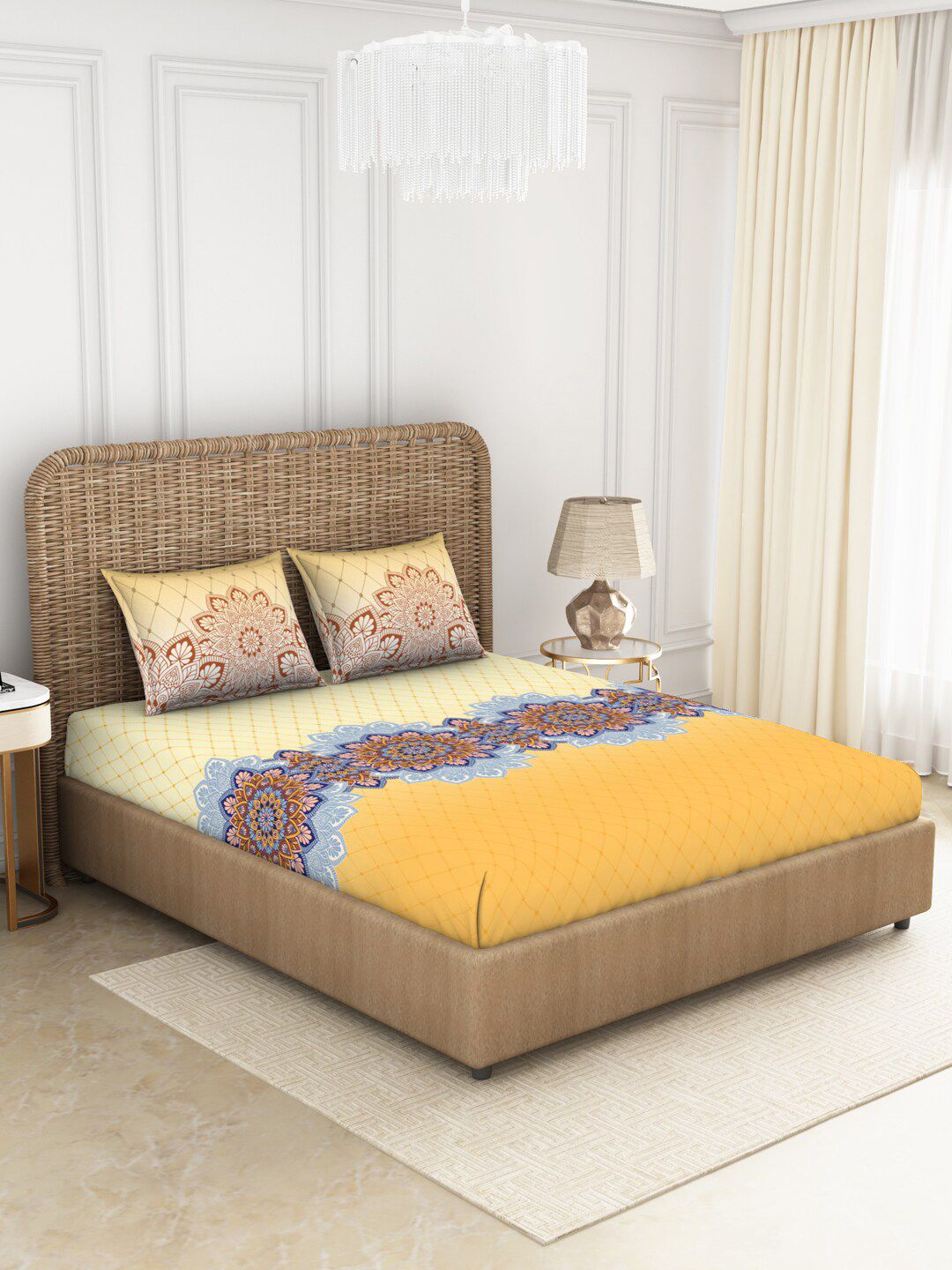 SPACES Yellow & Blue Ethnic Motifs 144 TC Queen Bedsheet with 2 Pillow Covers Price in India