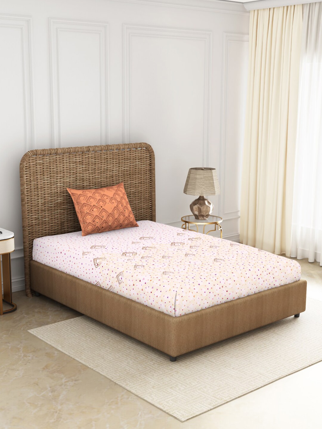 SPACES Pink & Orange Geometric 144 TC Cotton Single Bedsheet with 1 Pillow Covers Price in India