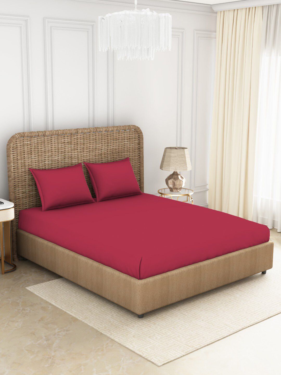 SPACES Red 144 TC Pure Cotton King Bedsheet with 2 Pillow Covers Price in India