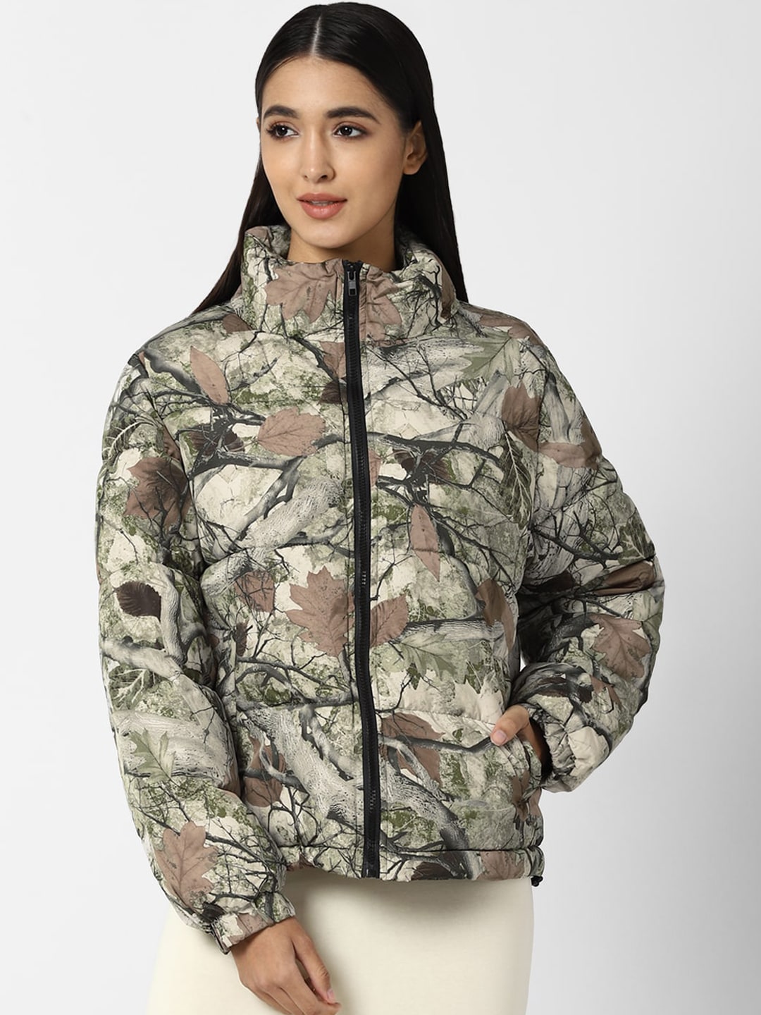 FOREVER 21 Women Olive Green Beige Padded Jacket Price in India