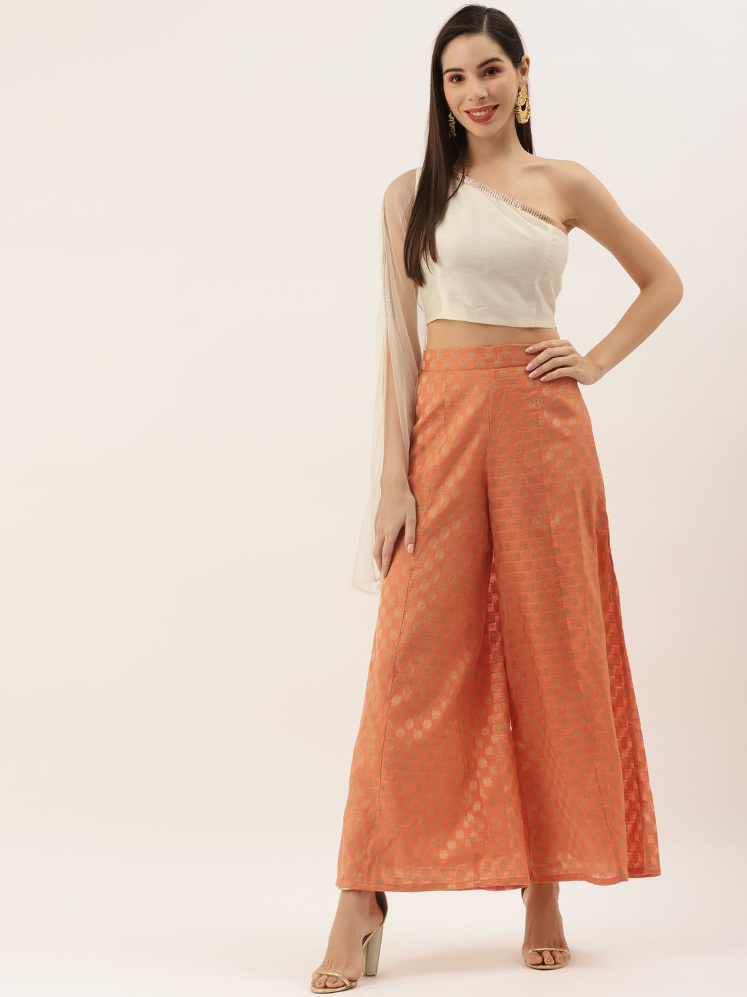 Aayna Women Orange & Off White Top With Palazzo Price in India