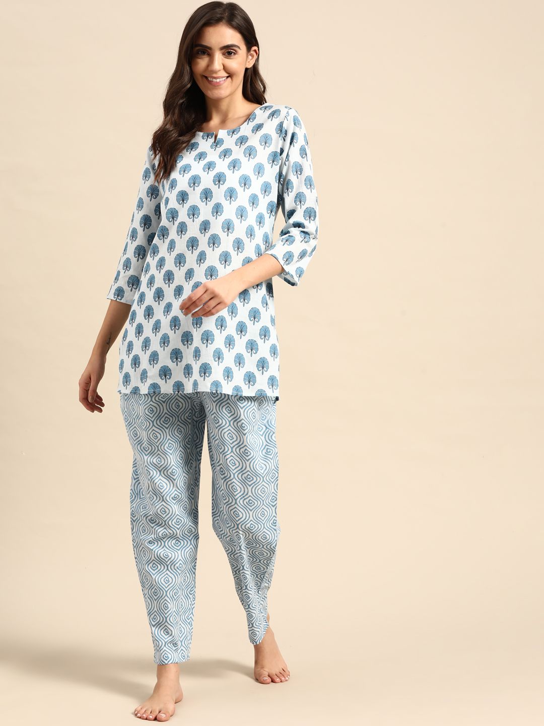 Prakrti Women White & Blue Printed Pure Cotton Pyjama Set Price in India