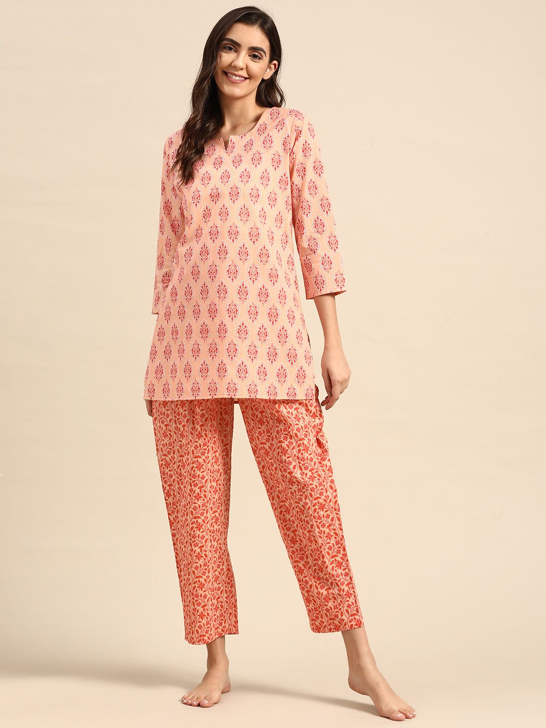 Prakrti Women Peach-Coloured Printed Cotton Night suit Price in India