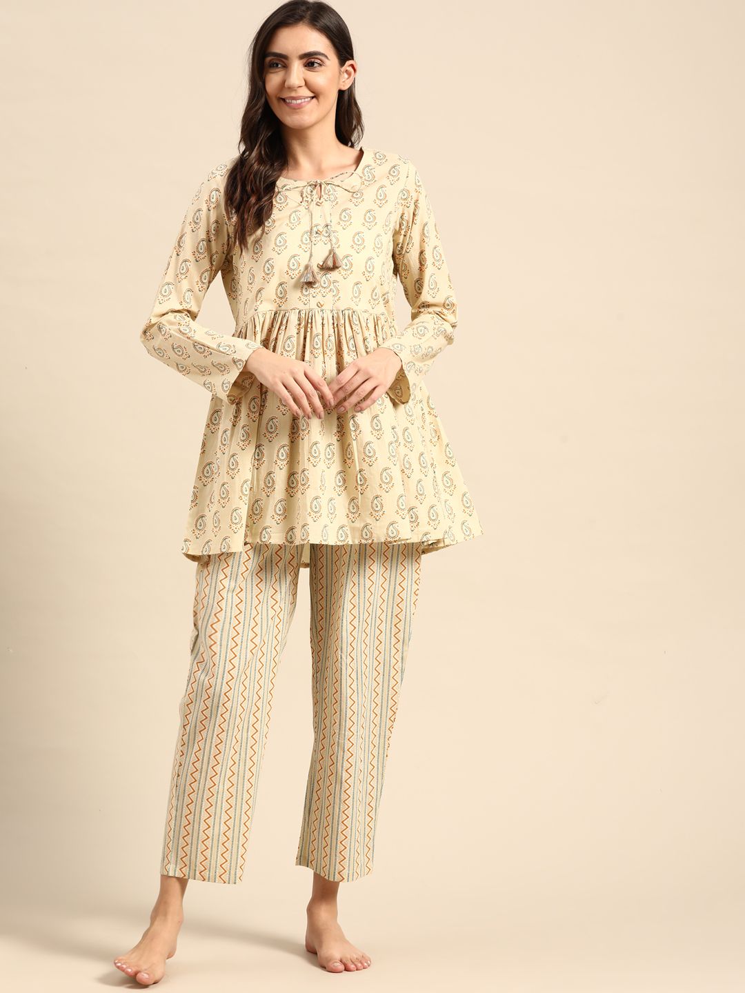 Prakrti Women Beige Printed Cotton Night suit Price in India