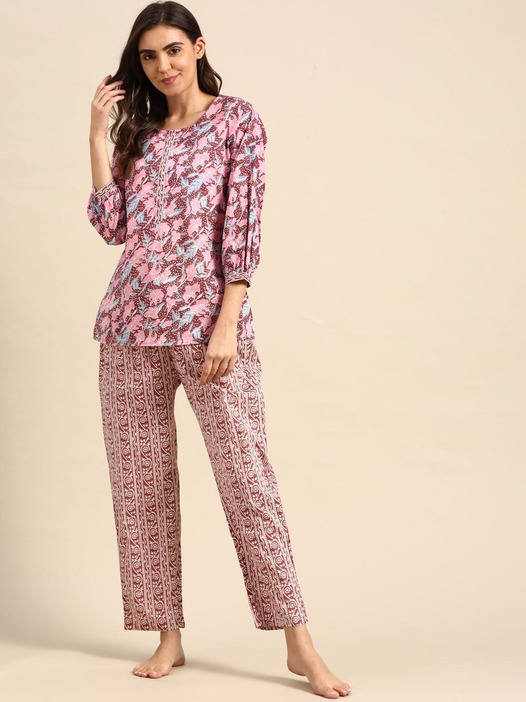 Prakrti Women Maroon & Pink Printed Cotton Night suit Price in India