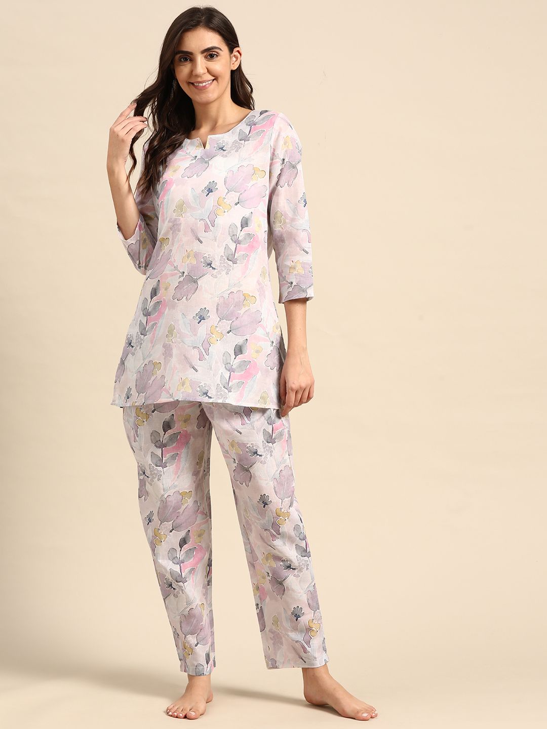 Prakrti Women Grey & Pink Floral Print Pure Cotton Pyjama Set Price in India