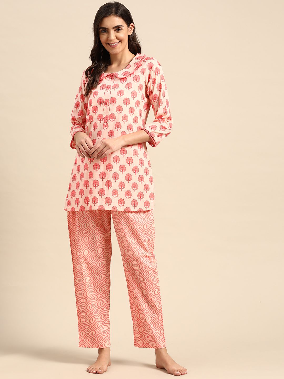 Prakrti Women Peach-Coloured Printed Cotton Night suit Price in India