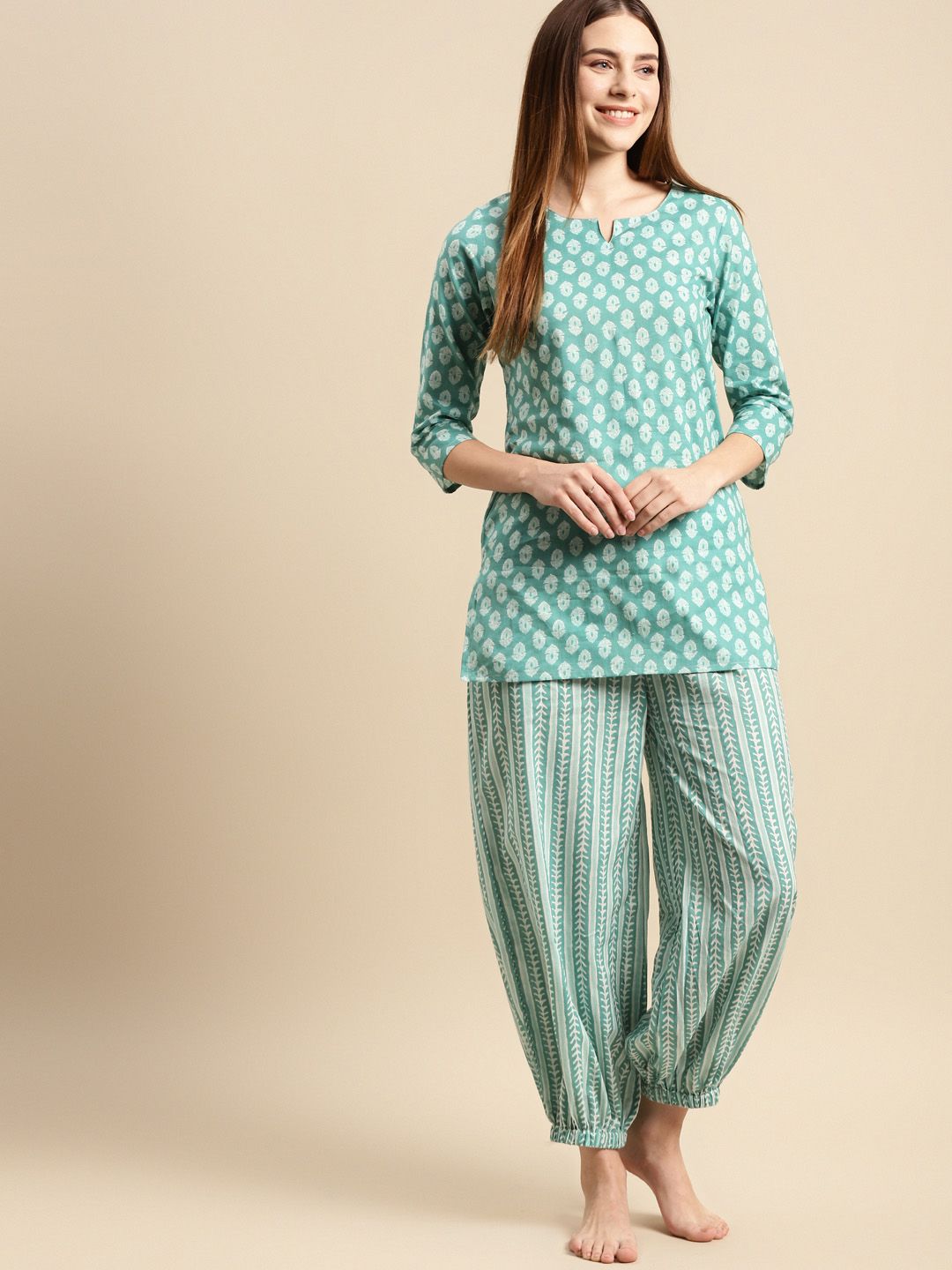 Prakrti Women Green Printed Cotton Night suit Price in India