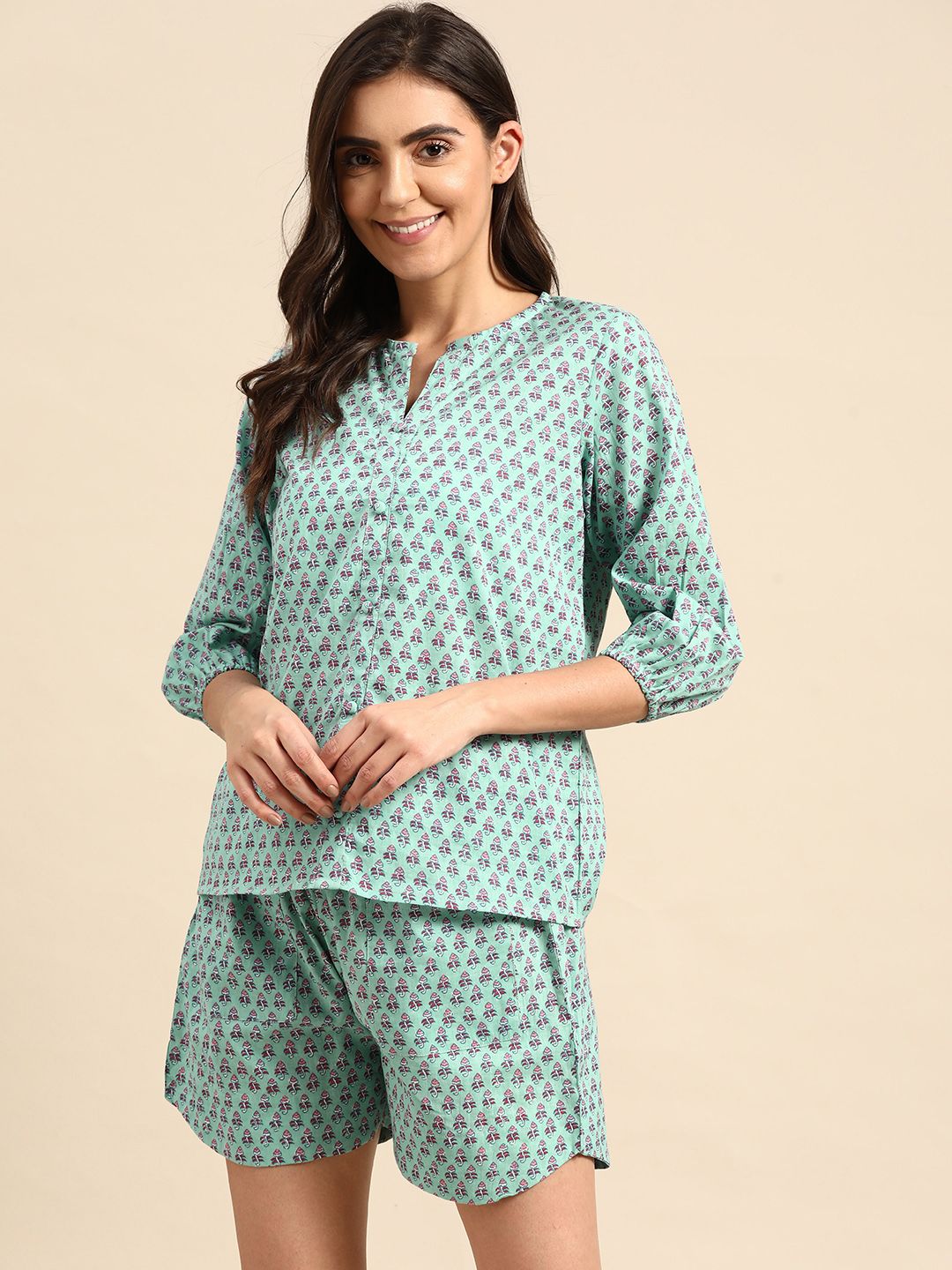 Prakrti Women Turquoise Blue Printed Cotton Night suit Price in India